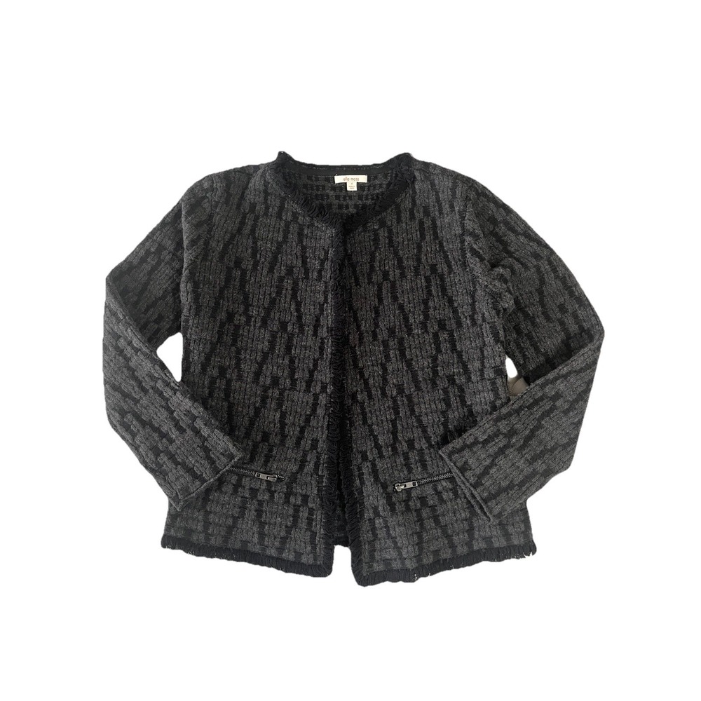 Ella Moss Cardigan Sweater Size M Wool Open Front Fringe Gray Black